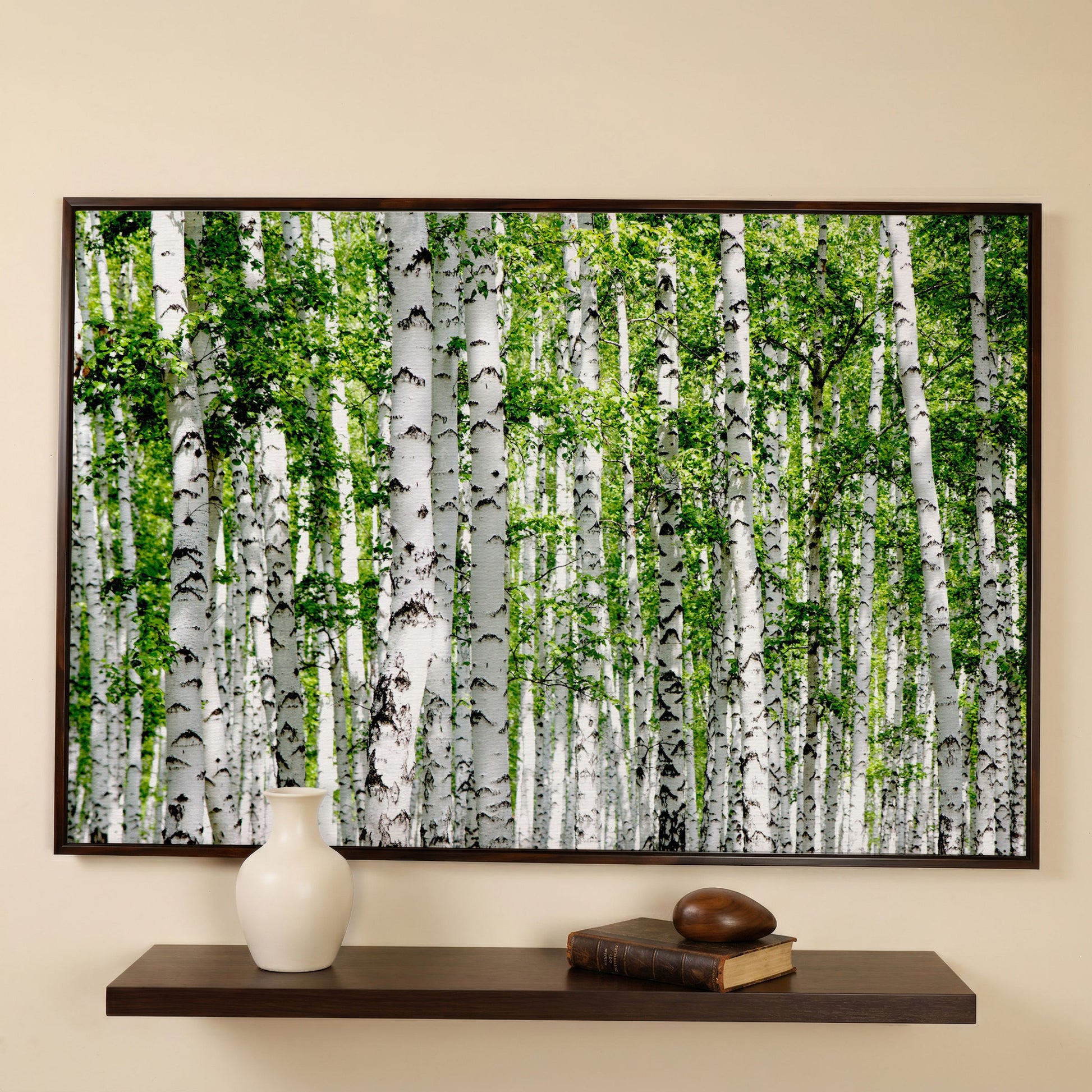 Birch Forest Canvas Wall Art, Sage Green Woodland Landscape in dark walnut floating frame