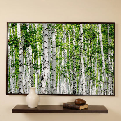 Birch Forest Canvas Wall Art, Sage Green Woodland Landscape in dark walnut floating frame