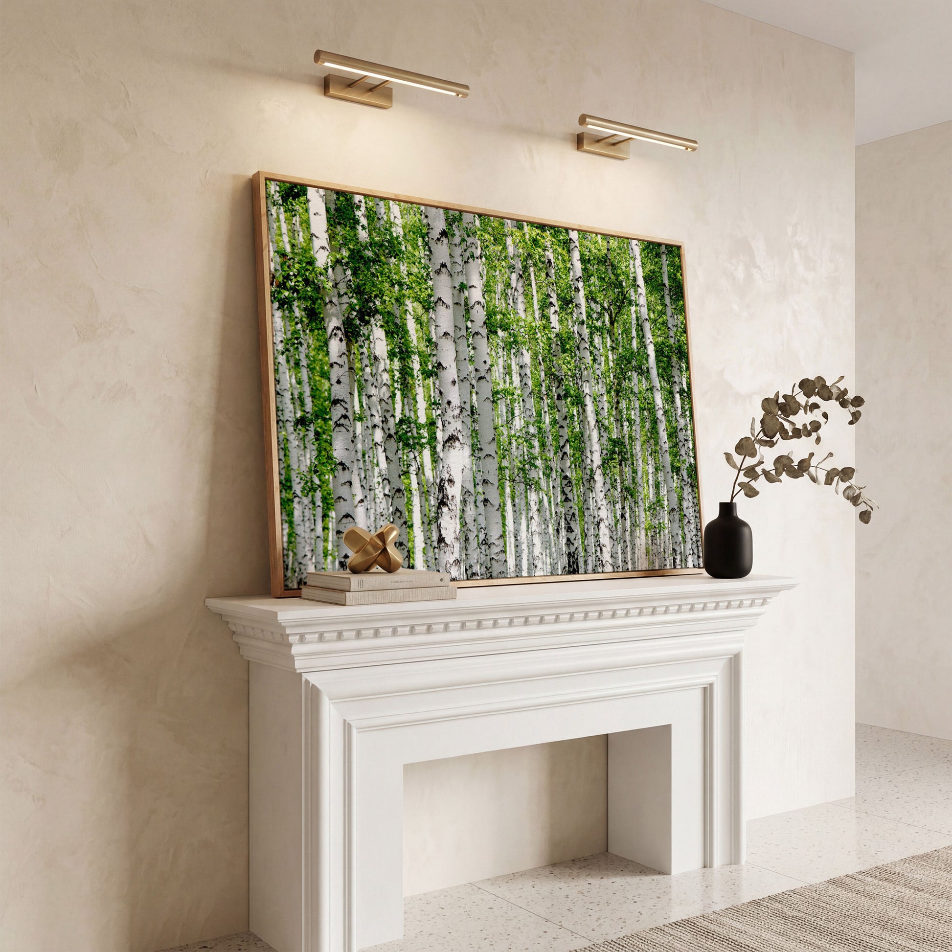 Birch Forest Canvas Wall Art, Sage Green Woodland Landscape in white oak floating frame