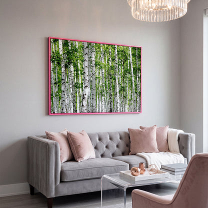 Birch Forest Canvas Wall Art, Sage Green Woodland Landscape in pink floating frame