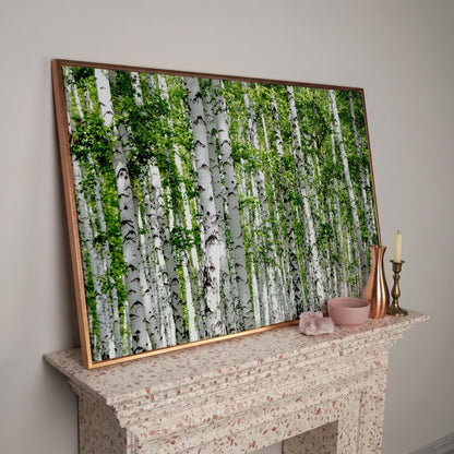 Birch Forest Canvas Wall Art, Sage Green Woodland Landscape in rose gold floating frame