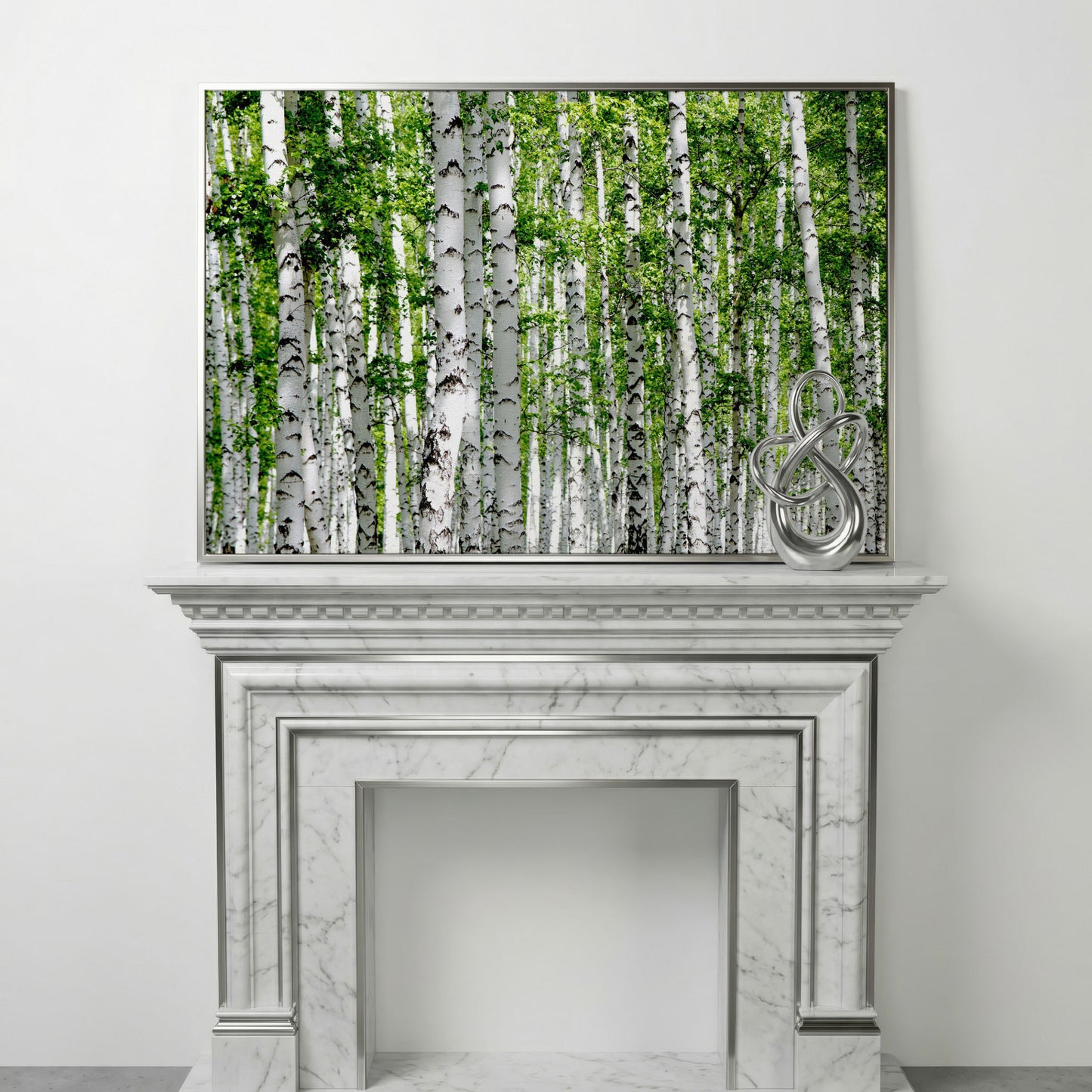 Birch Forest Canvas Wall Art, Sage Green Woodland Landscape in silver floating frame