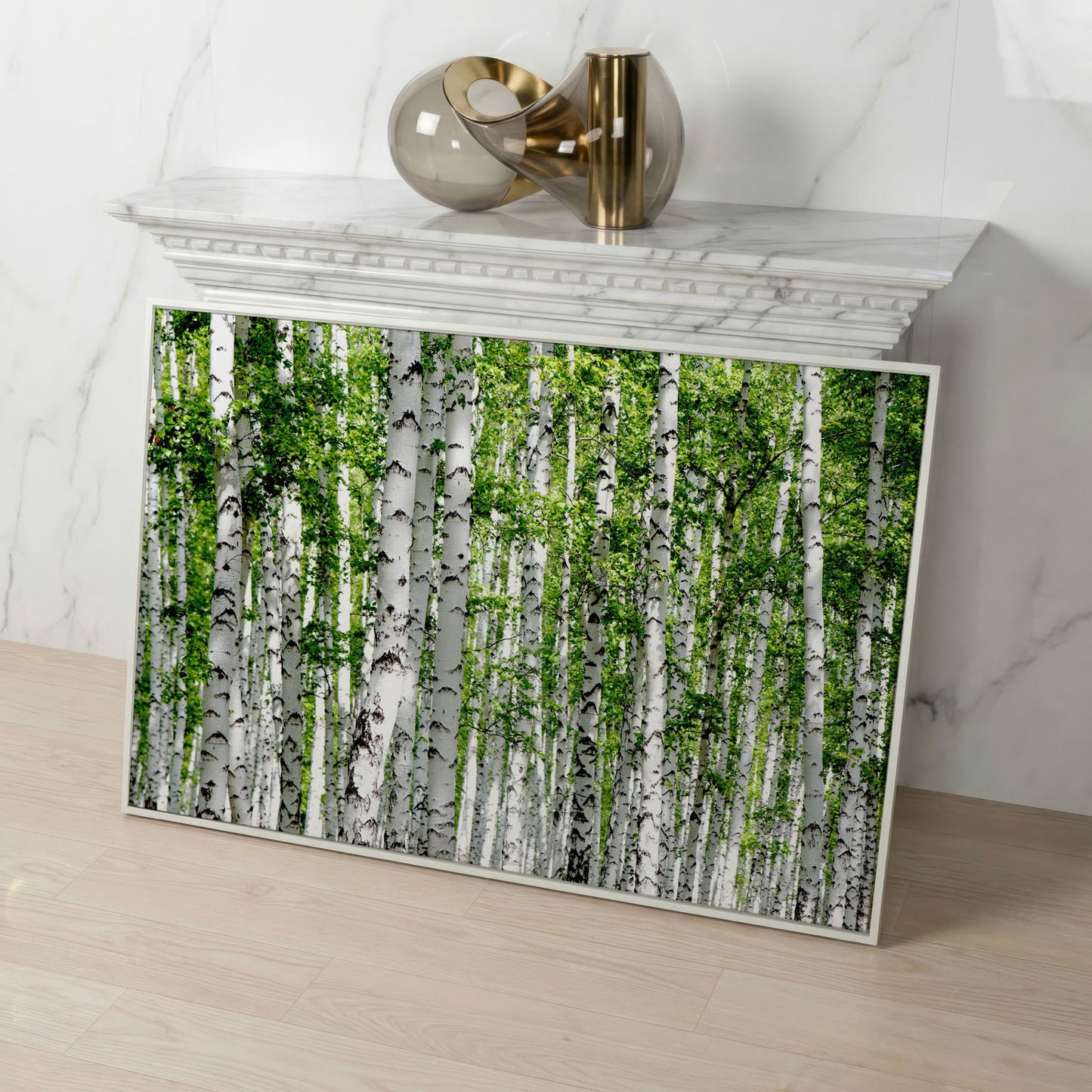 Birch Forest Canvas Wall Art, Sage Green Woodland Landscape in white floating frame
