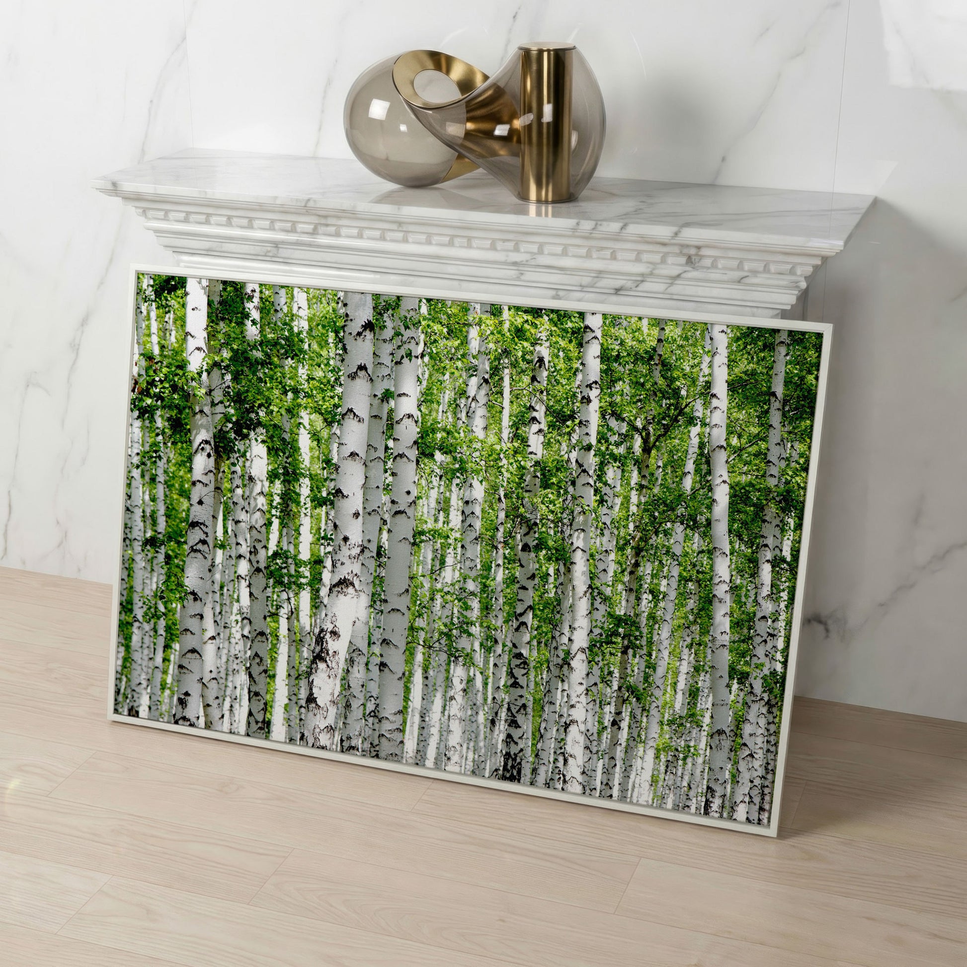 Birch Forest Canvas Wall Art, Sage Green Woodland Landscape in white floating frame