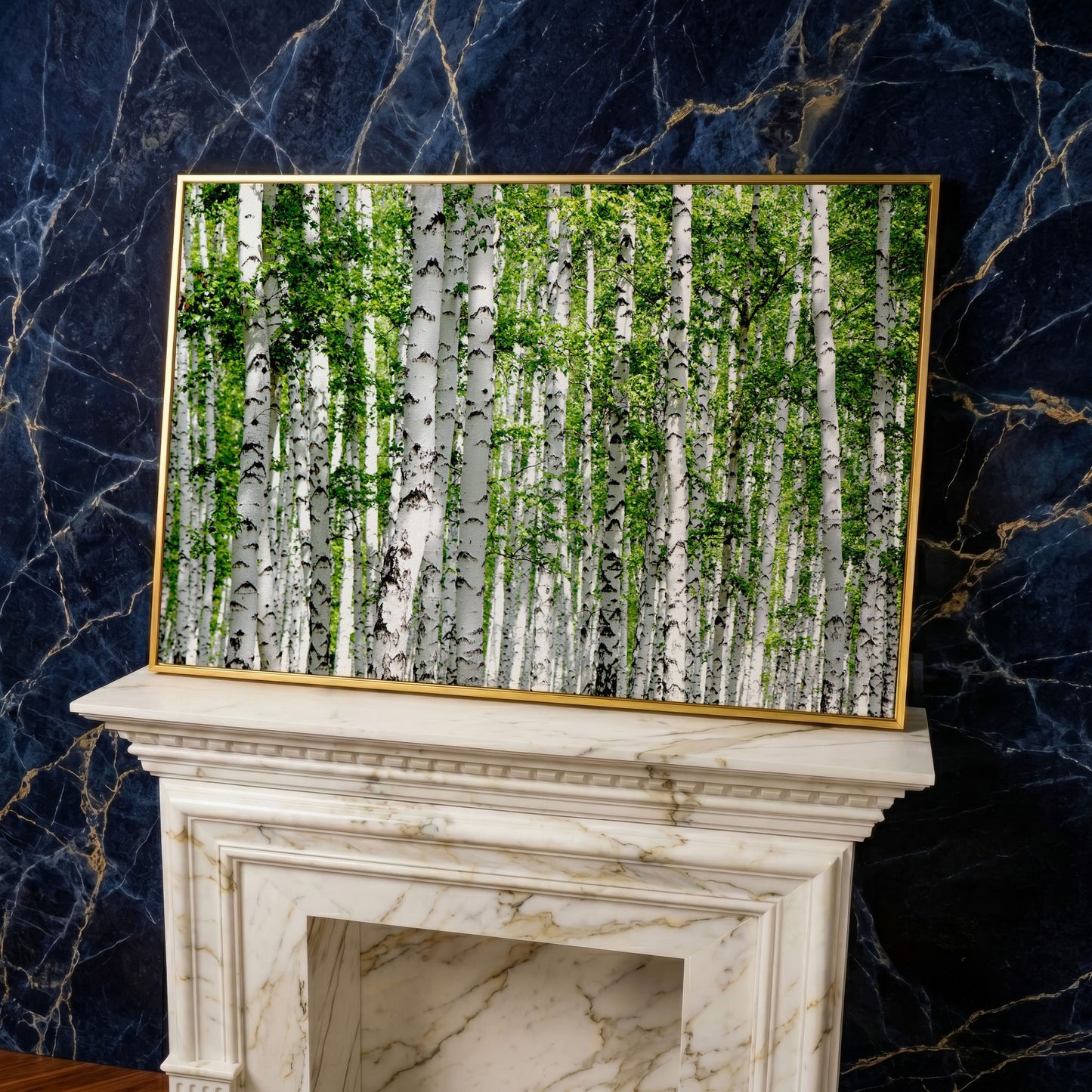 Birch Forest Canvas Wall Art, Sage Green Woodland Landscape in yellow gold floating frame