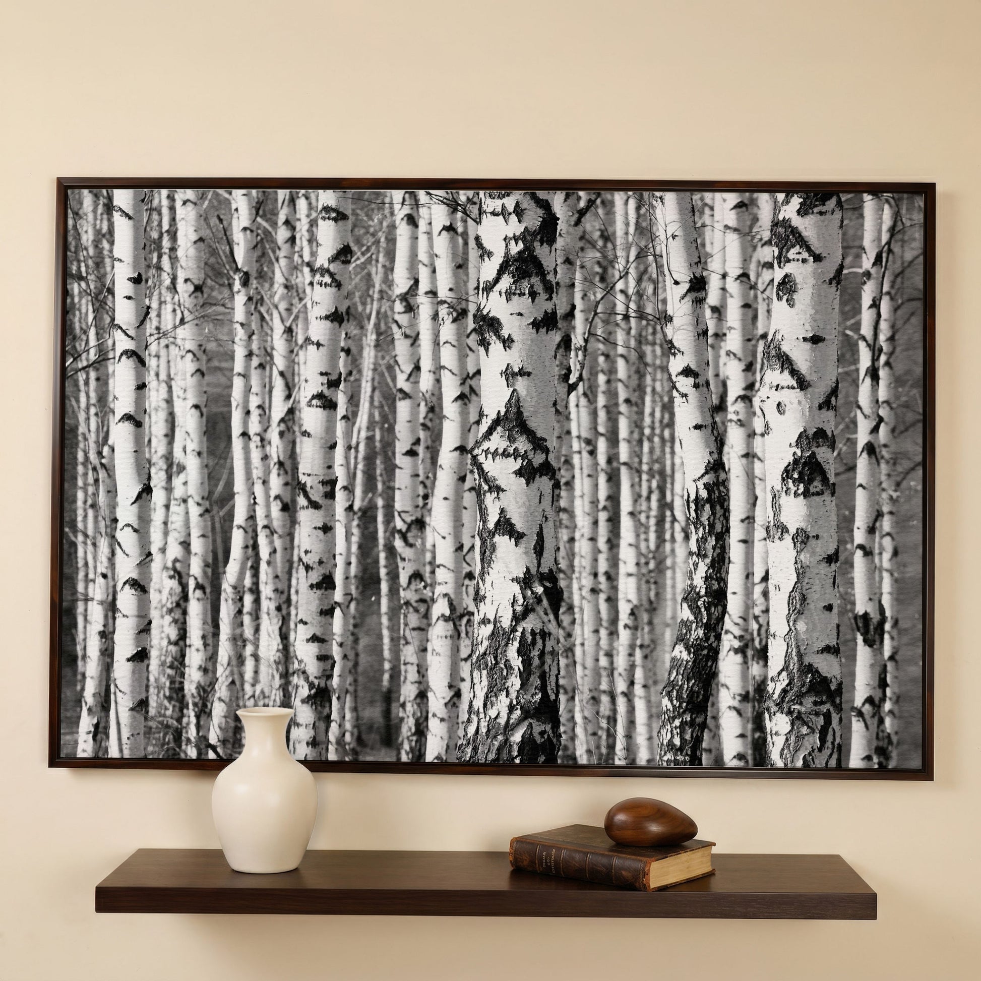 Birch Grove Canvas Wall Art: Bark and Trunk Detail in dark walnut floating frame