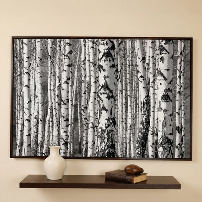 Birch Grove Canvas Wall Art: Bark and Trunk Detail in dark walnut floating frame