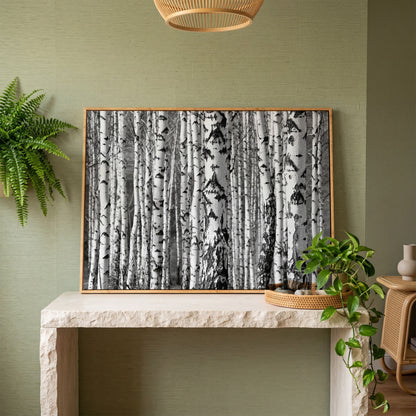 Birch Grove Canvas Wall Art: Bark and Trunk Detail in white oak floating frame