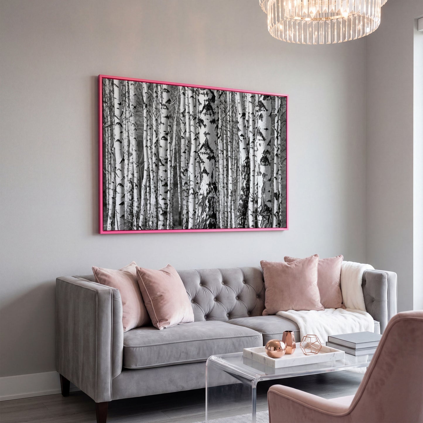 Birch Grove Canvas Wall Art: Bark and Trunk Detail in pink floating frame