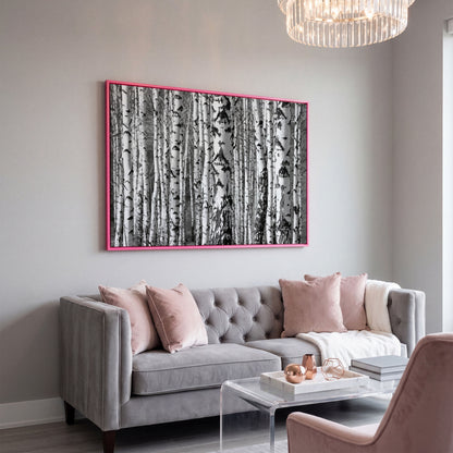Birch Grove Canvas Wall Art: Bark and Trunk Detail in pink floating frame