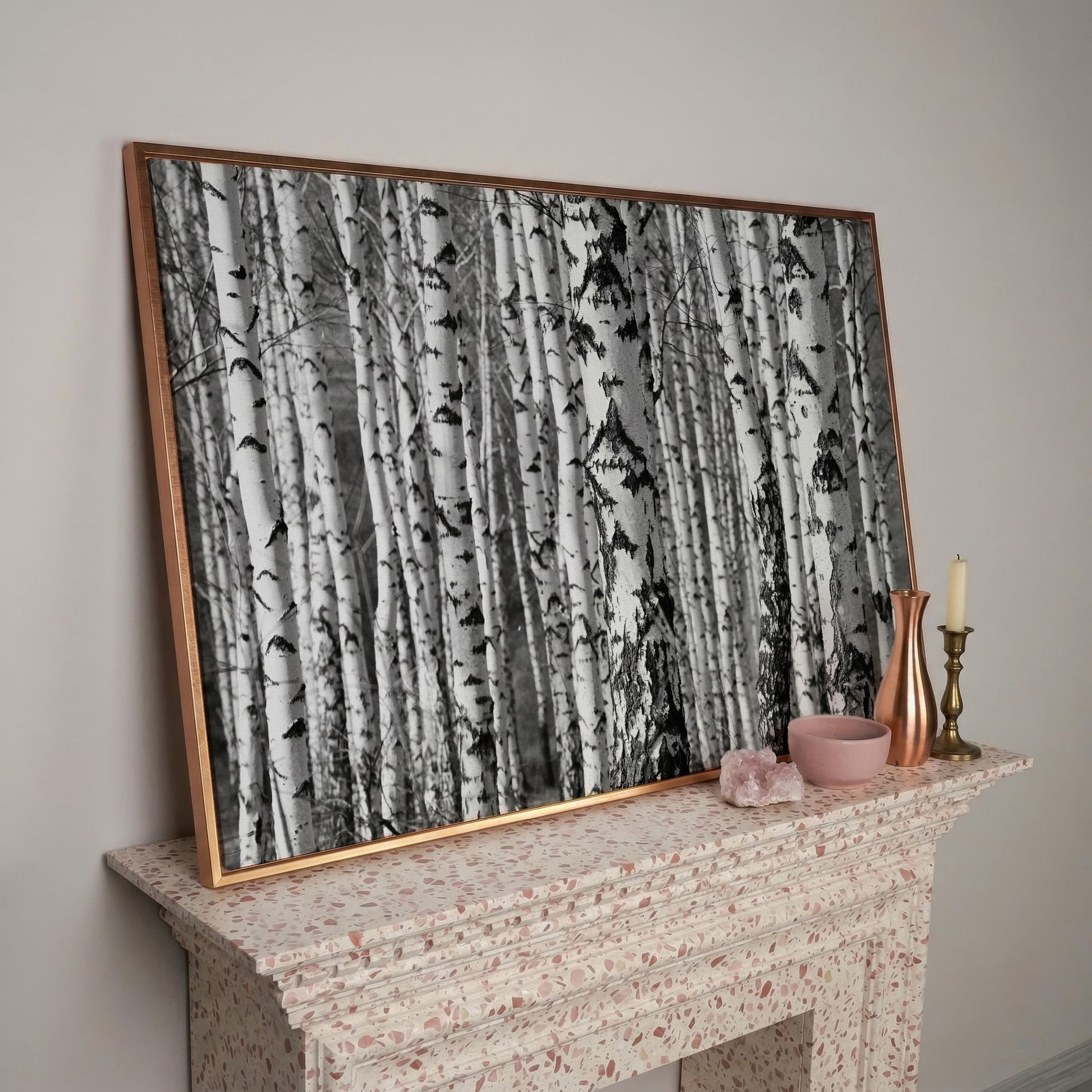 Birch Grove Canvas Wall Art: Bark and Trunk Detail in rose gold floating frame