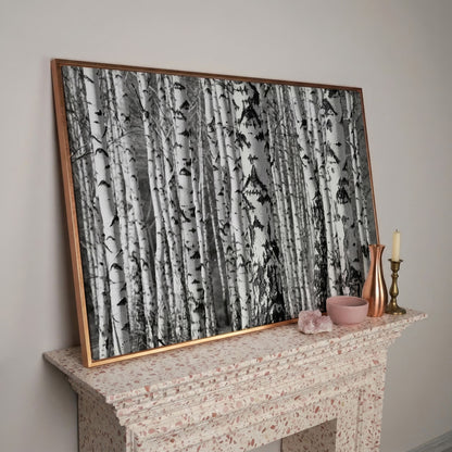 Birch Grove Canvas Wall Art: Bark and Trunk Detail in rose gold floating frame