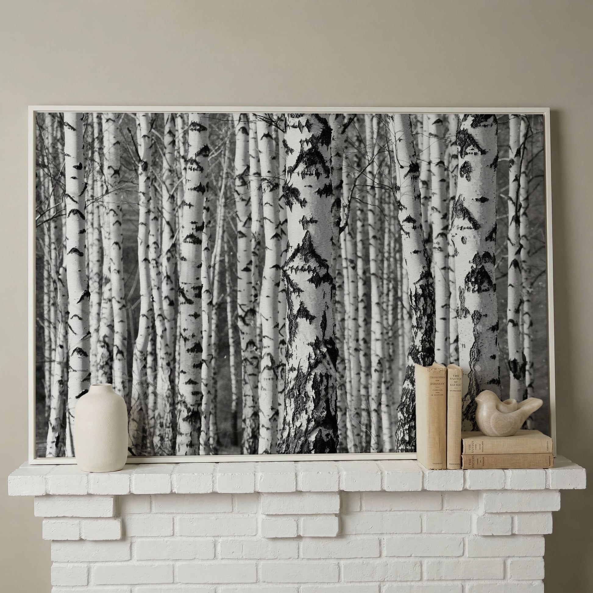Birch Grove Canvas Wall Art: Bark and Trunk Detail in white floating frame