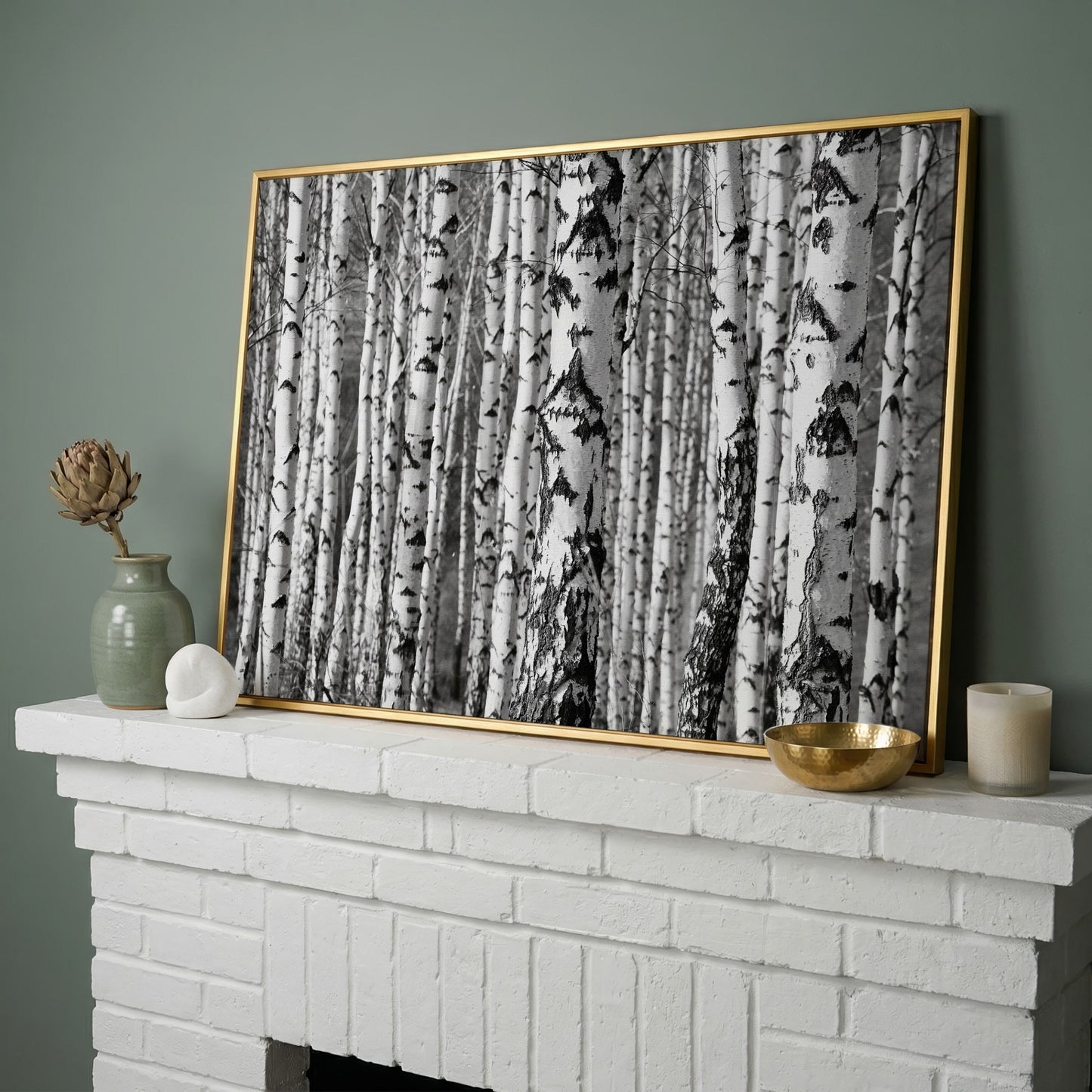 Birch Grove Canvas Wall Art: Bark and Trunk Detail in yellow gold floating frame