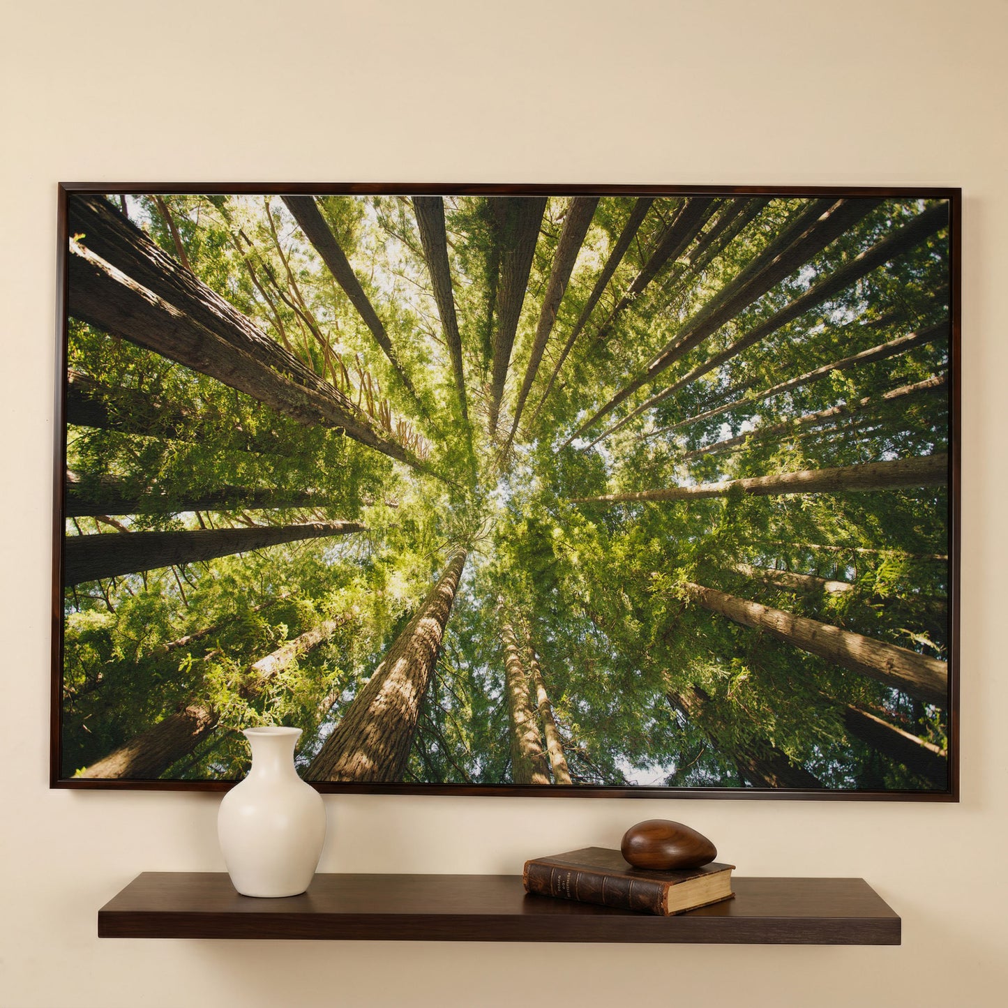 Looking Up Through the Forest Canopy, Canvas Wall Art in dark walnut floating frame