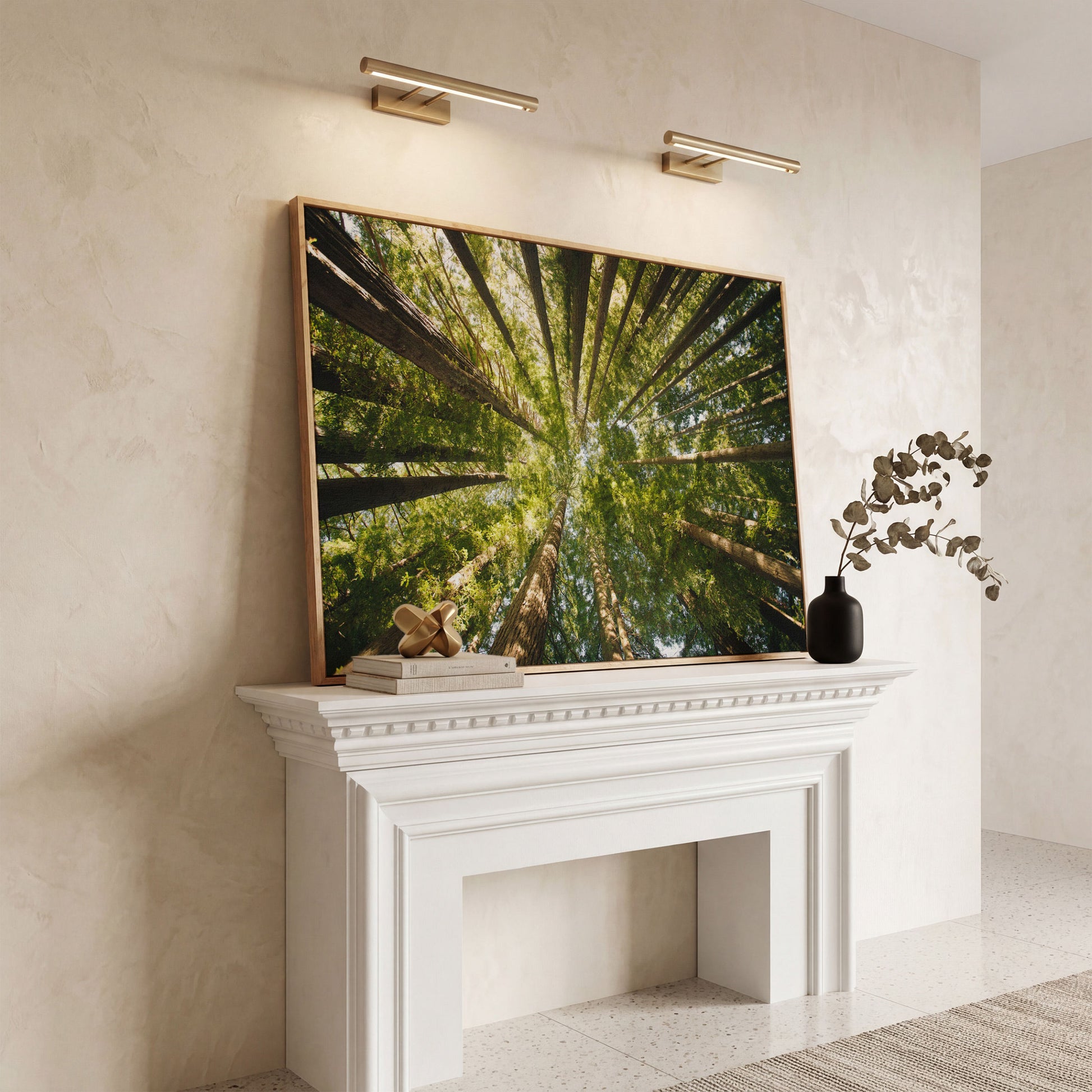 Looking Up Through the Forest Canopy, Canvas Wall Art in white oak floating frame