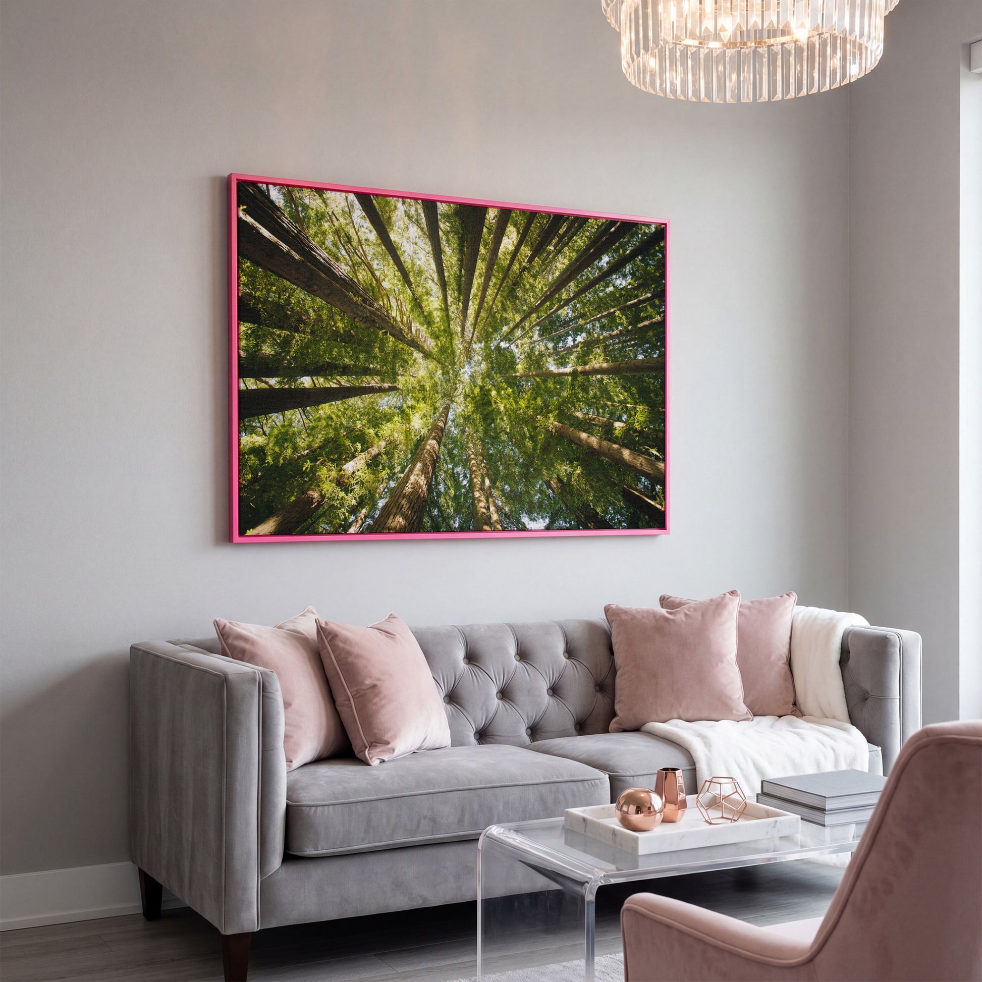 Looking Up Through the Forest Canopy, Canvas Wall Art in pink floating frame