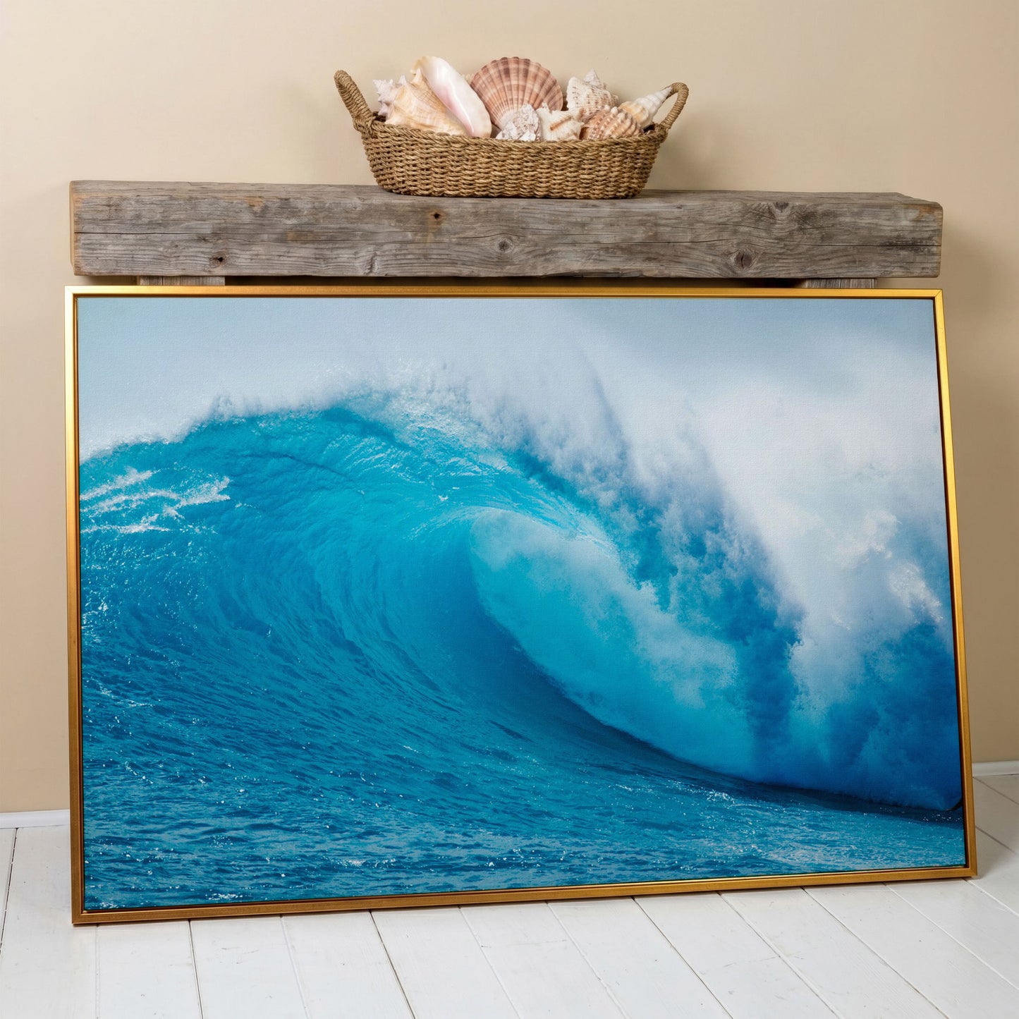 Ocean Wave Canvas Wall Art | Moody Seascape Print in antique gold floating frame