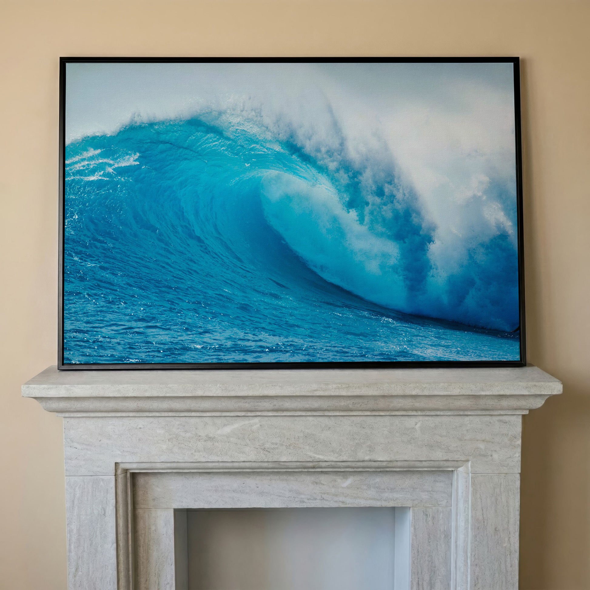 Ocean Wave Canvas Wall Art | Moody Seascape Print in black floating frame