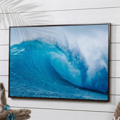 Ocean Wave Canvas Wall Art | Moody Seascape Print in dark walnut floating frame