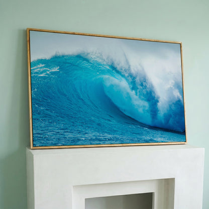 Ocean Wave Canvas Wall Art | Moody Seascape Print in white oak floating frame