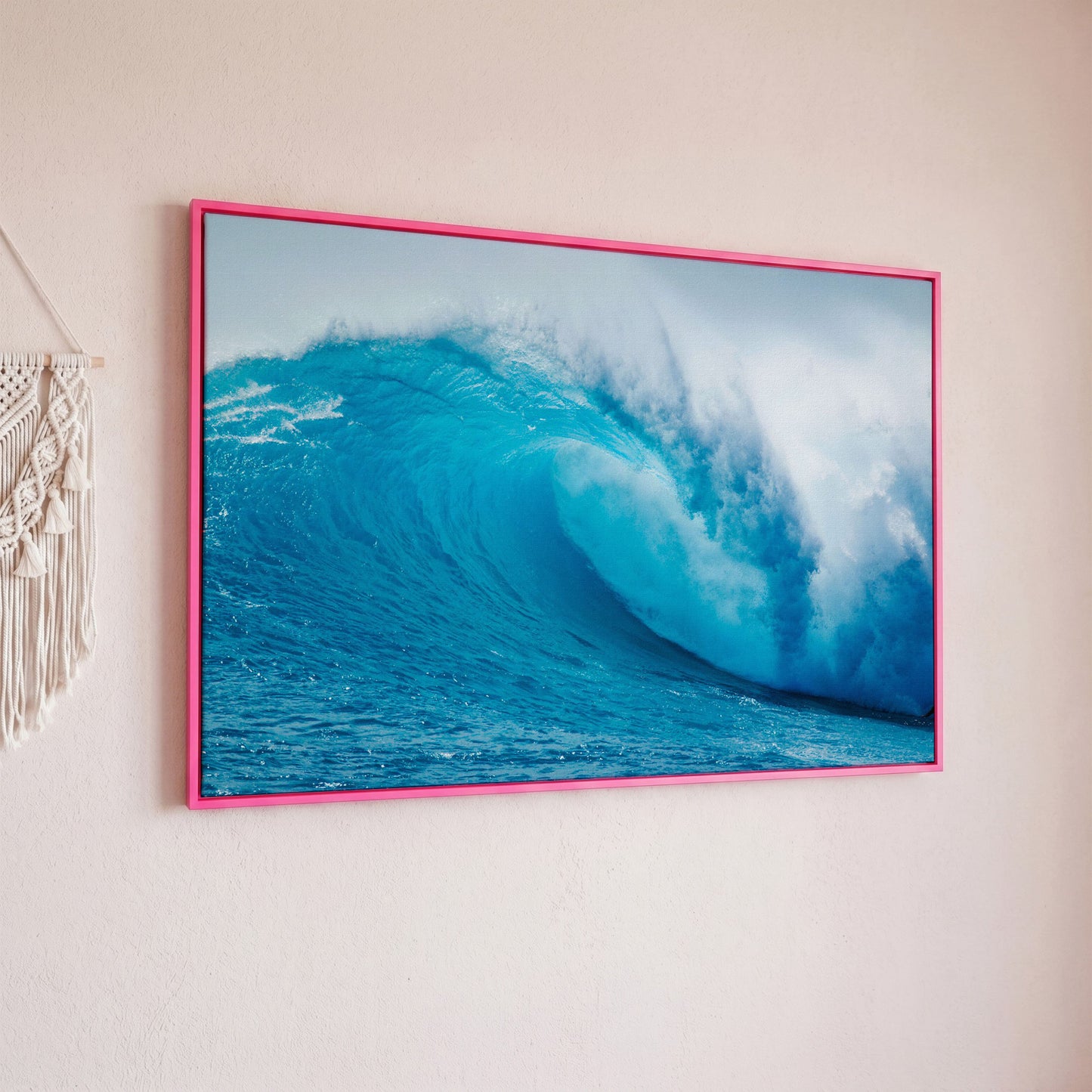 Ocean Wave Canvas Wall Art | Moody Seascape Print in pink floating frame