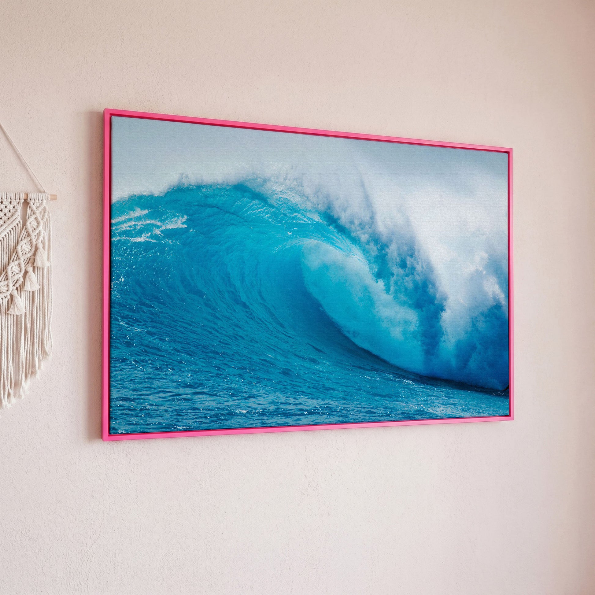 Ocean Wave Canvas Wall Art | Moody Seascape Print in pink floating frame