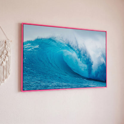 Ocean Wave Canvas Wall Art | Moody Seascape Print in pink floating frame