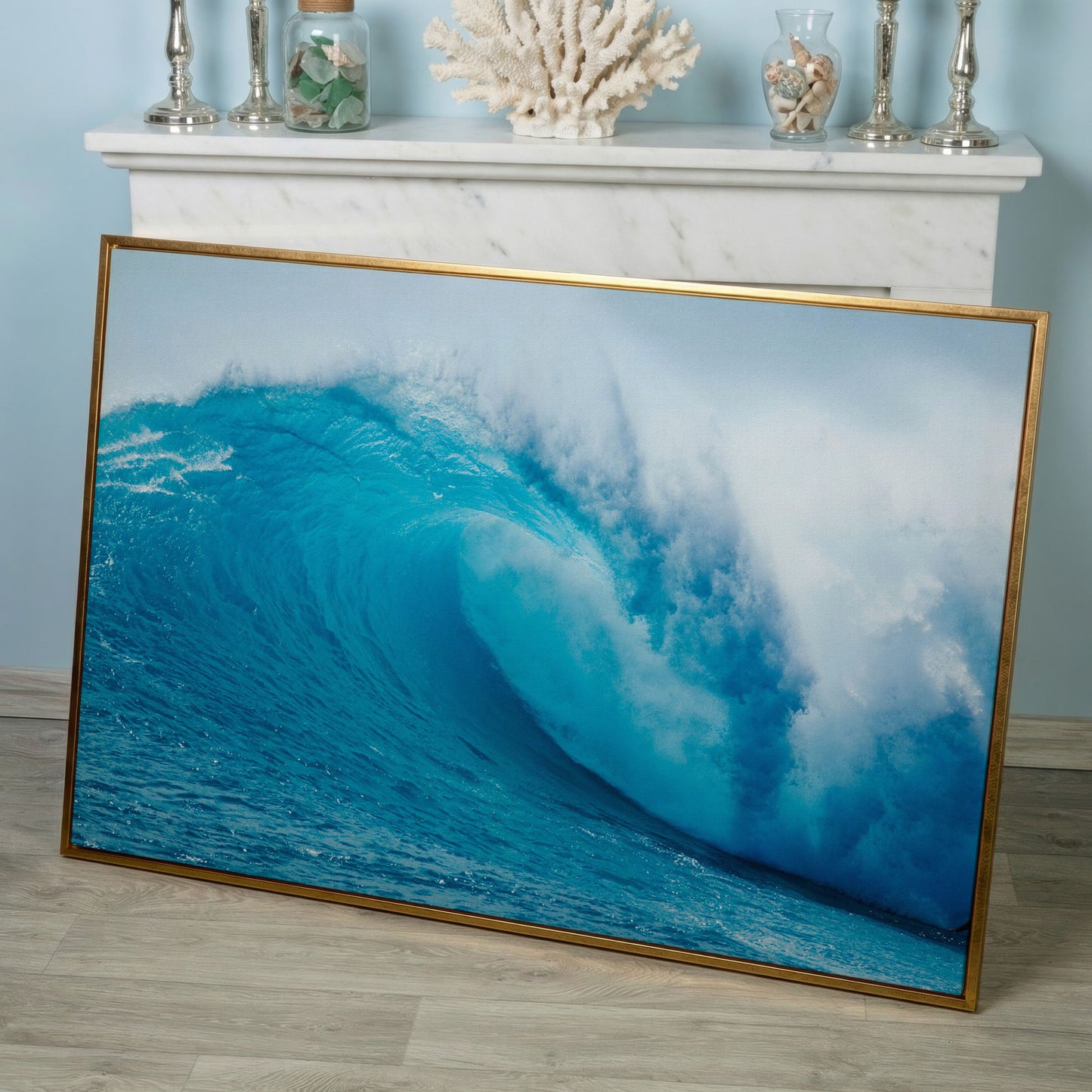 Ocean Wave Canvas Wall Art | Moody Seascape Print in rose gold floating frame
