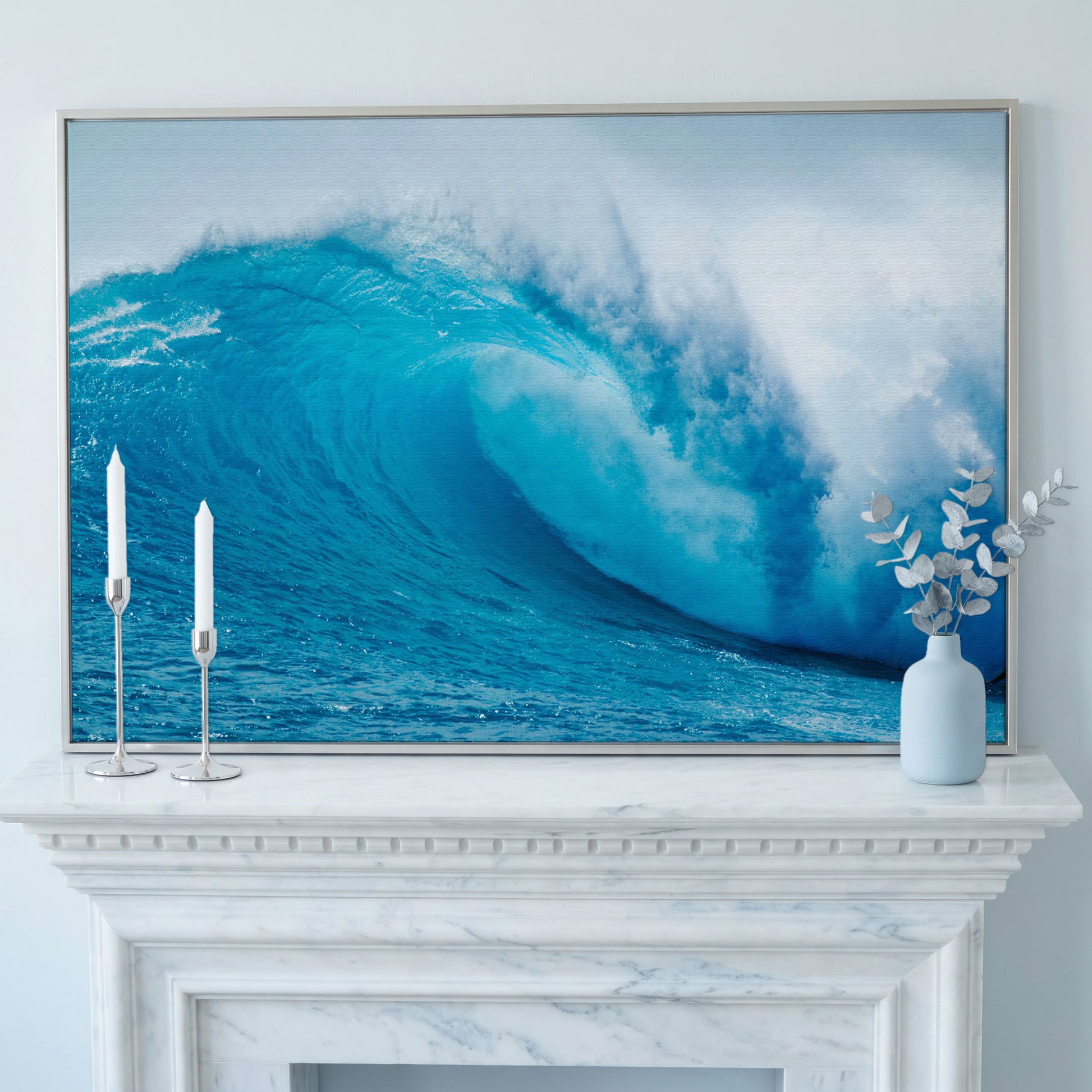 Ocean Wave Canvas Wall Art | Moody Seascape Print in silver floating frame