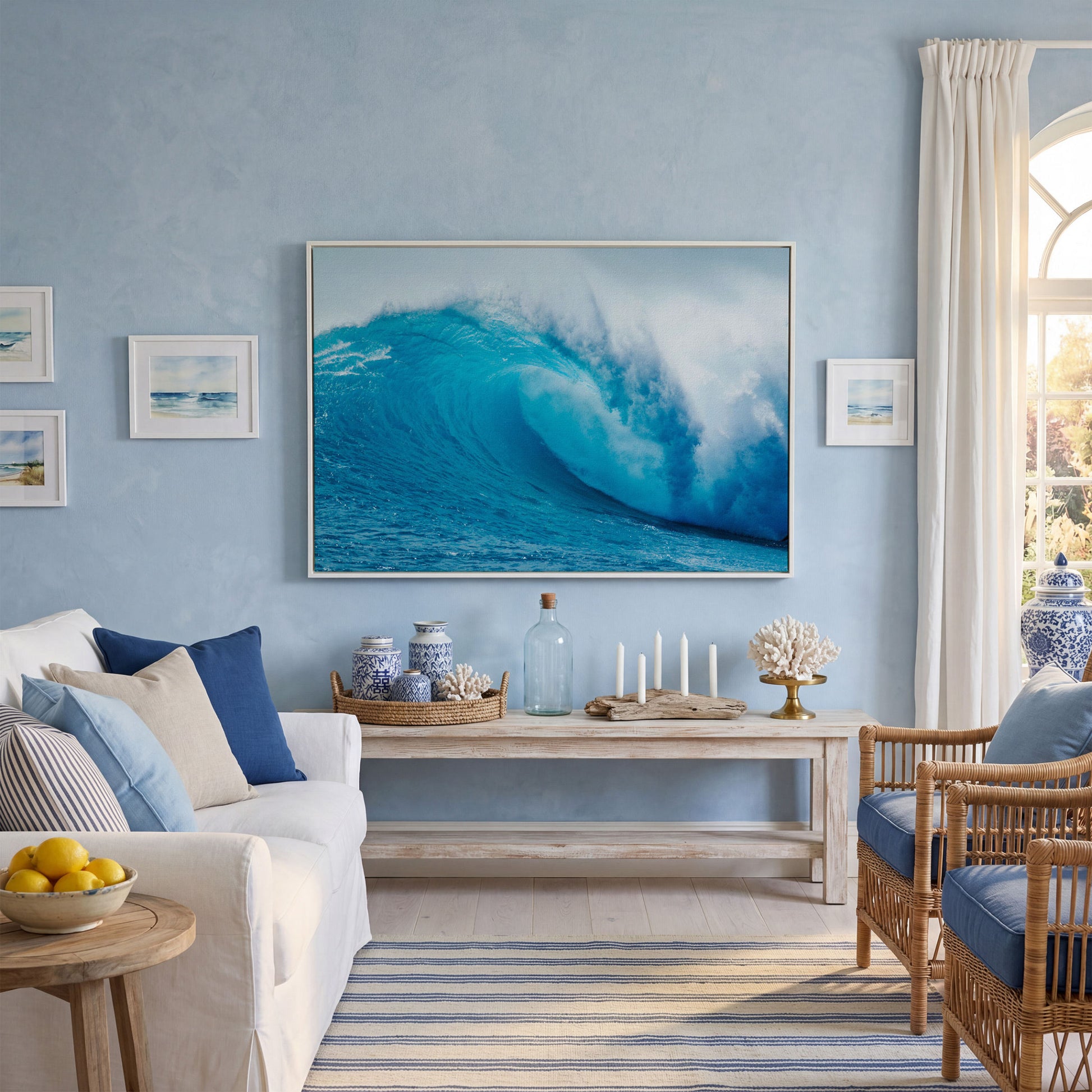 Ocean Wave Canvas Wall Art | Moody Seascape Print in white floating frame