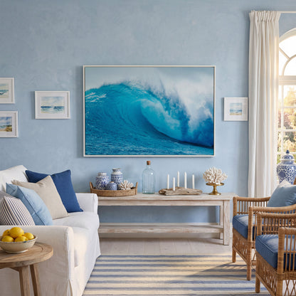 Ocean Wave Canvas Wall Art | Moody Seascape Print in white floating frame