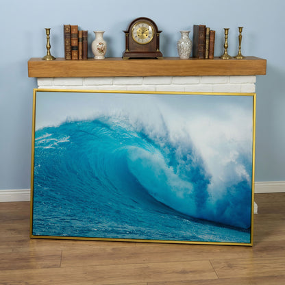 Ocean Wave Canvas Wall Art | Moody Seascape Print in yellow gold floating frame