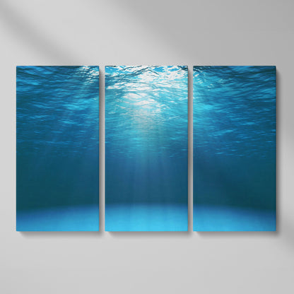 Sunlight Through Water Canvas Art, Underwater Ocean Scene as 3-panel split version
