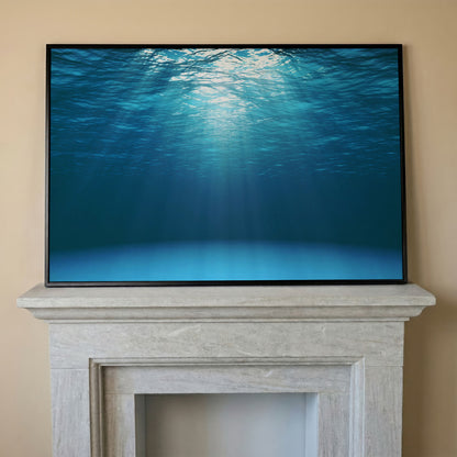 Sunlight Through Water Canvas Art, Underwater Ocean Scene in black floating frame