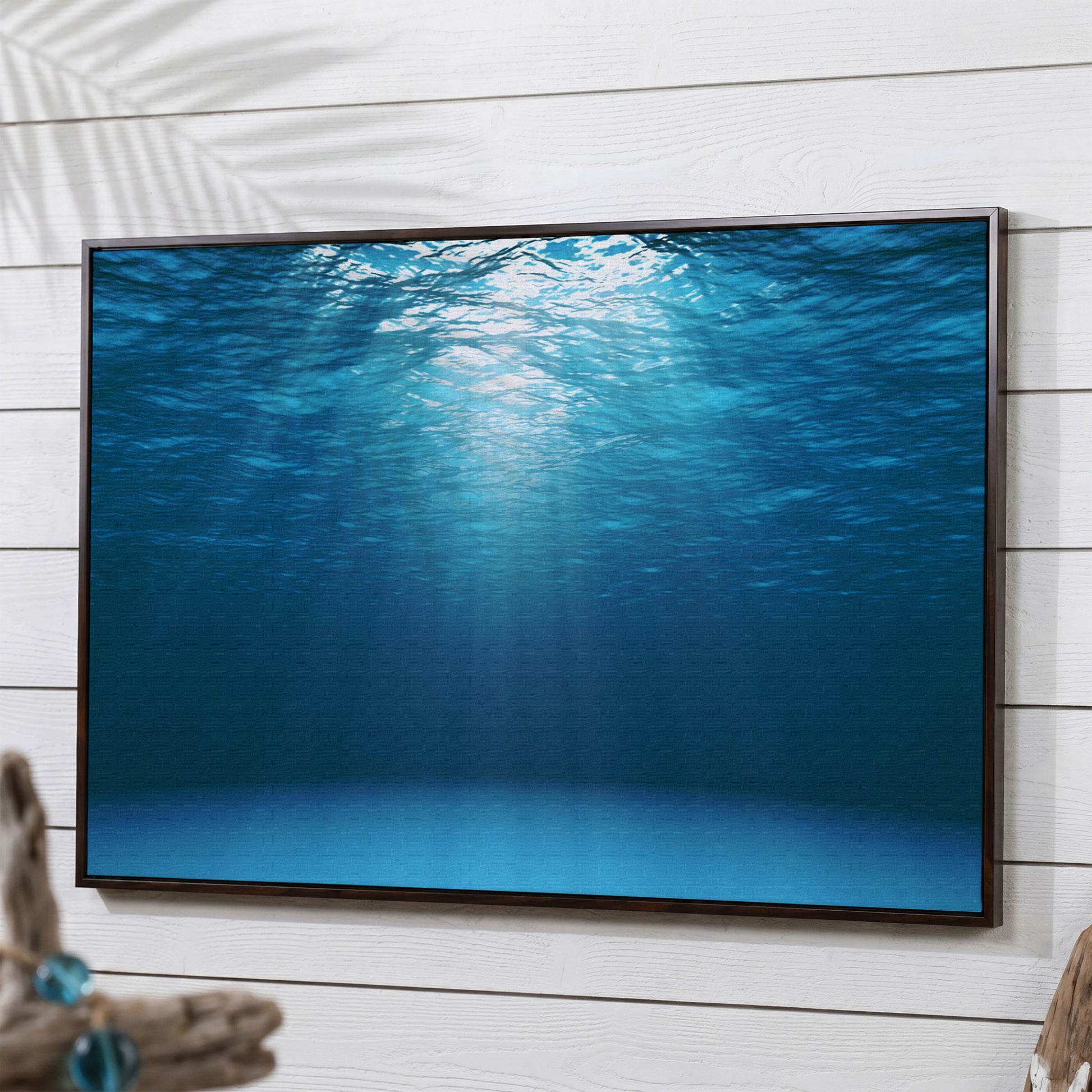 Sunlight Through Water Canvas Art, Underwater Ocean Scene in dark walnut floating frame