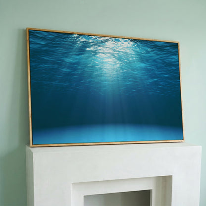 Sunlight Through Water Canvas Art, Underwater Ocean Scene in white oak floating frame