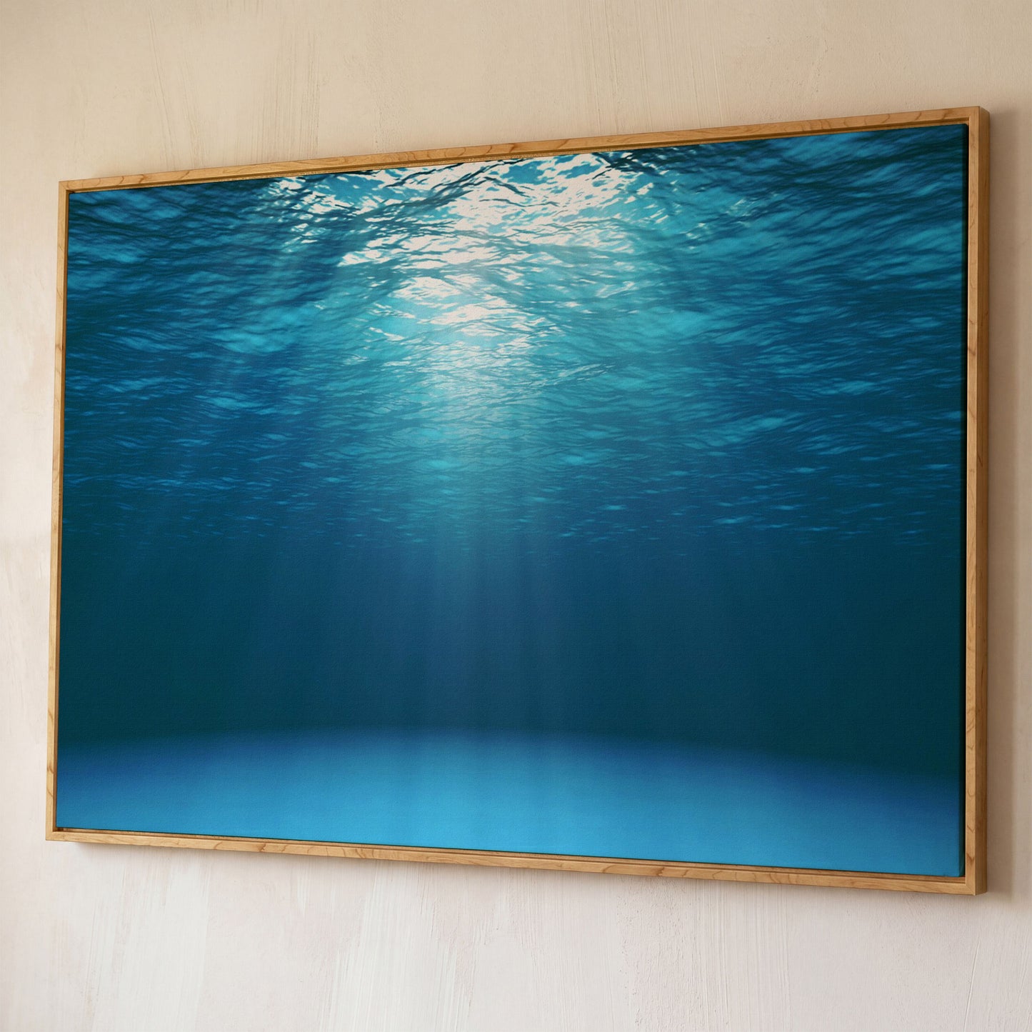 Sunlight Through Water Canvas Art, Underwater Ocean Scene shown in white oak floating frame