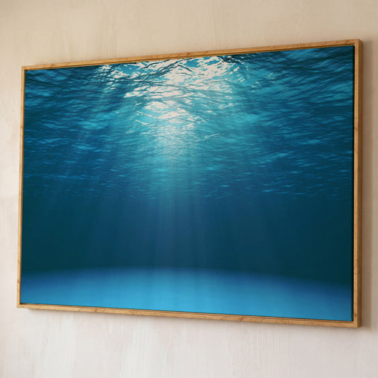 Sunlight Through Water Canvas Art, Underwater Ocean Scene shown in white oak floating frame