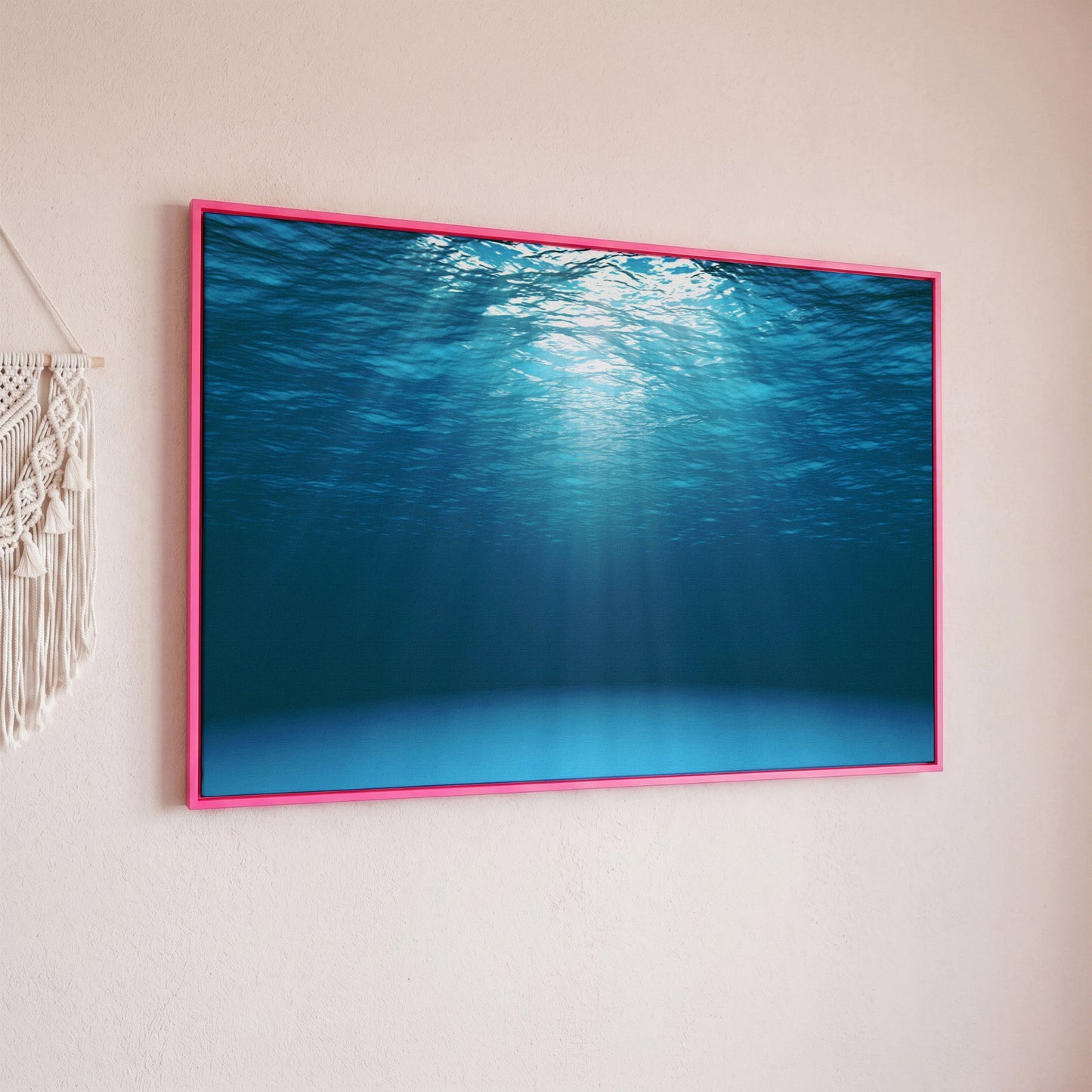 Sunlight Through Water Canvas Art, Underwater Ocean Scene in pink floating frame