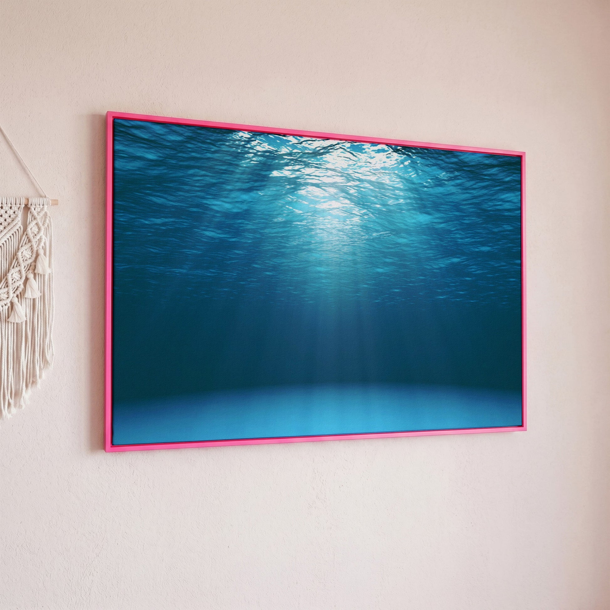 Sunlight Through Water Canvas Art, Underwater Ocean Scene in pink floating frame