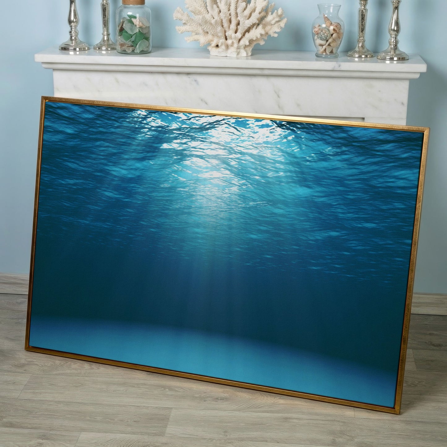 Sunlight Through Water Canvas Art, Underwater Ocean Scene in rose gold floating frame