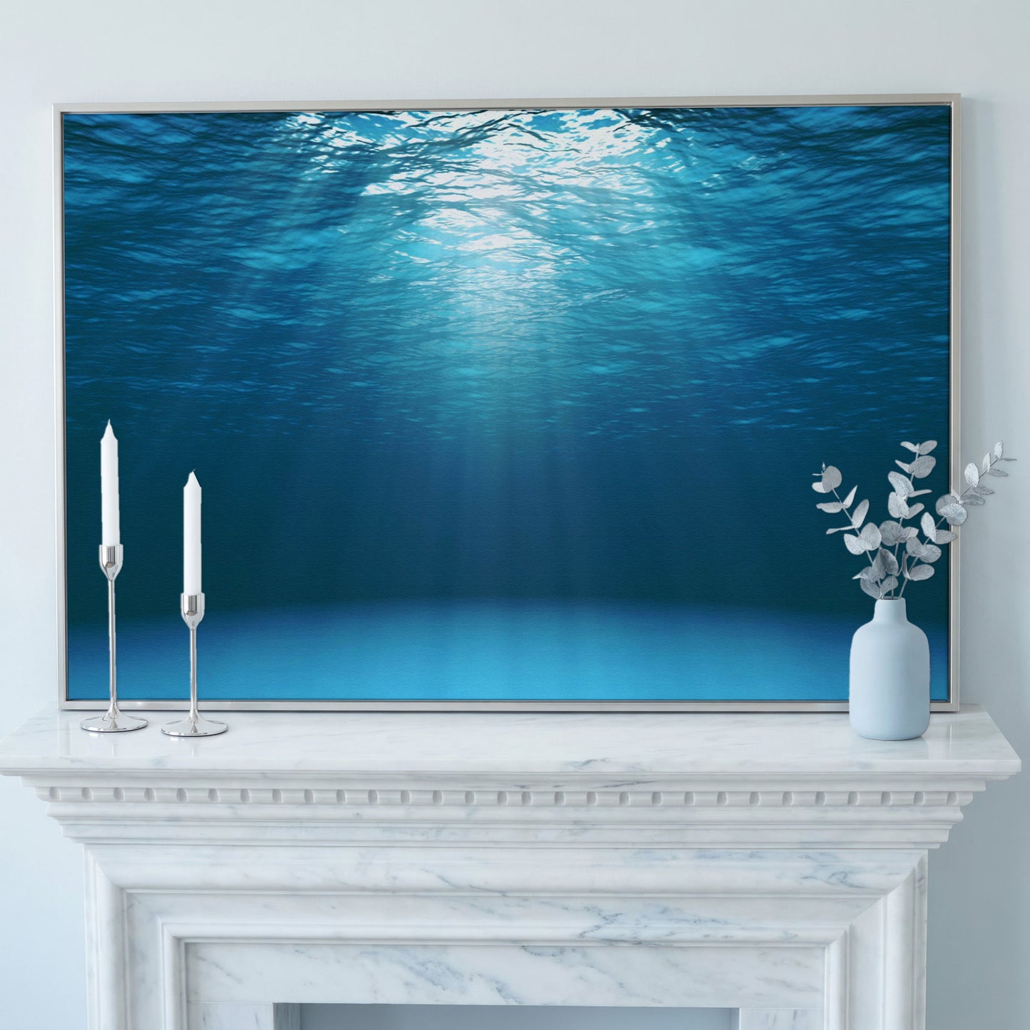 Sunlight Through Water Canvas Art, Underwater Ocean Scene in silver floating frame