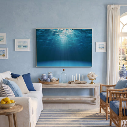 Sunlight Through Water Canvas Art, Underwater Ocean Scene in white floating frame