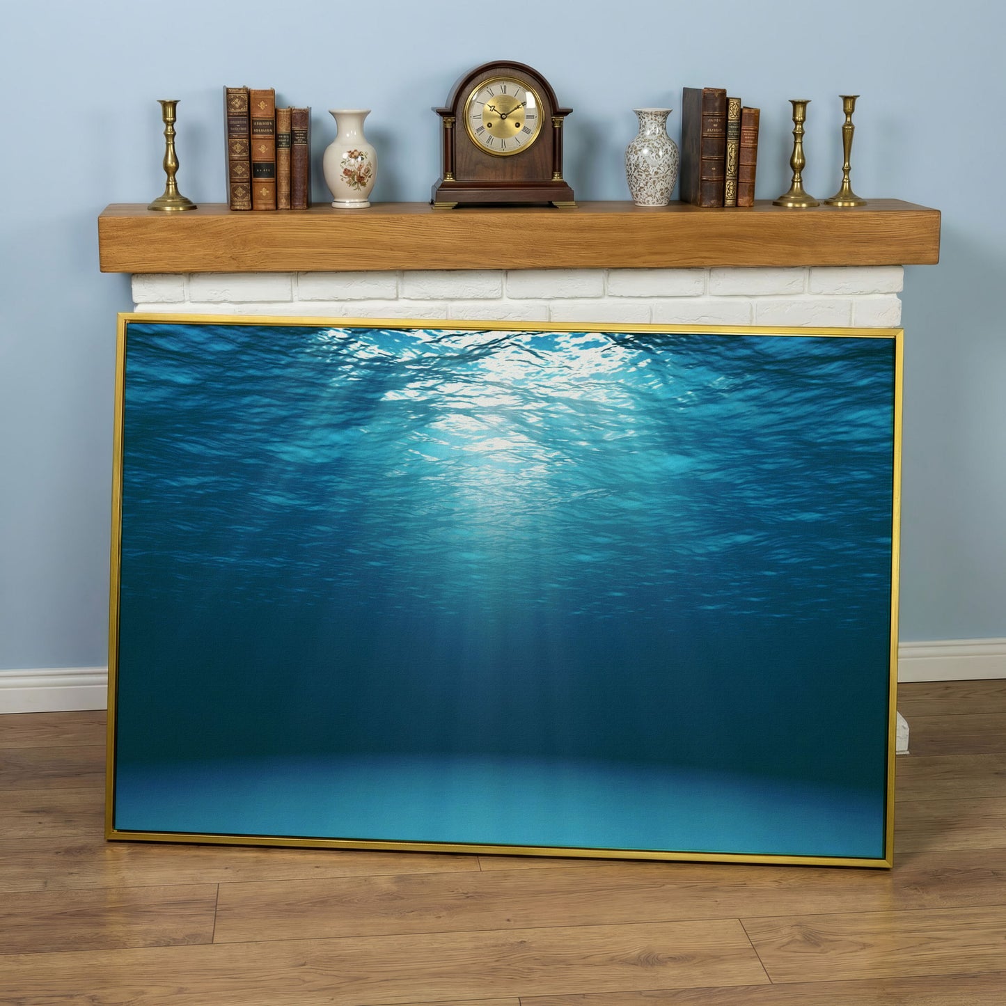 Sunlight Through Water Canvas Art, Underwater Ocean Scene in yellow gold floating frame