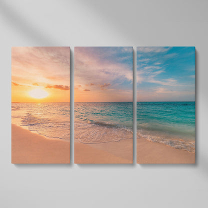 Ocean Sunset Beach Canvas Wall Art, Coastal Seascape Print as 3-panel split version