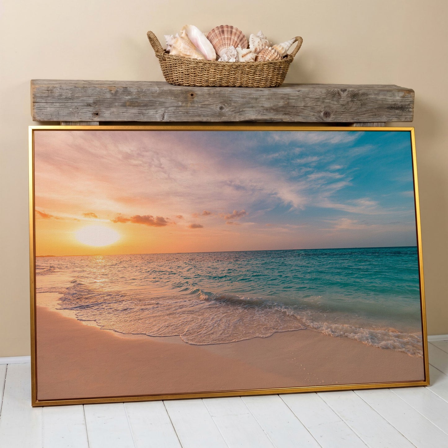 Ocean Sunset Beach Canvas Wall Art, Coastal Seascape Print in antique gold floating frame