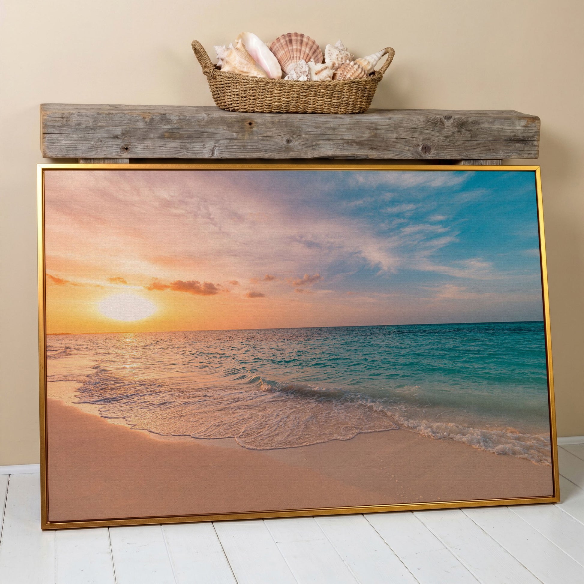Ocean Sunset Beach Canvas Wall Art, Coastal Seascape Print in antique gold floating frame
