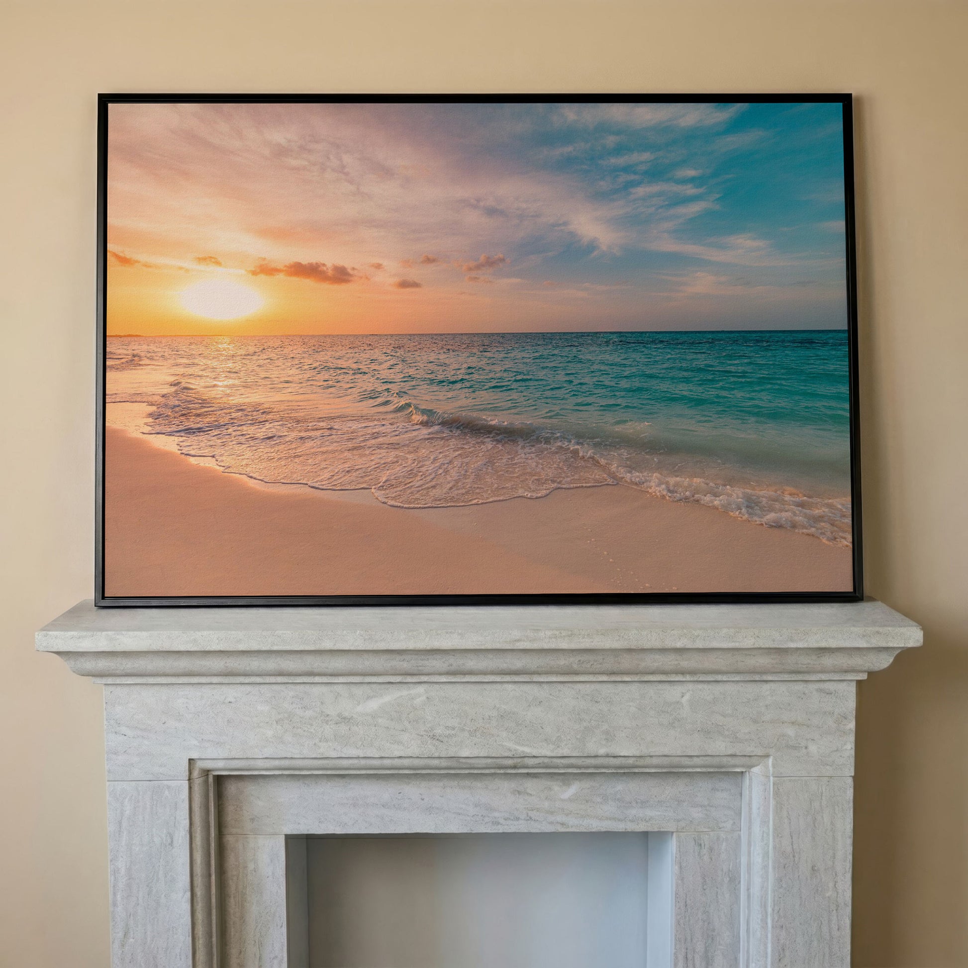 Ocean Sunset Beach Canvas Wall Art, Coastal Seascape Print in black floating frame