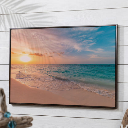 Ocean Sunset Beach Canvas Wall Art, Coastal Seascape Print in dark walnut floating frame
